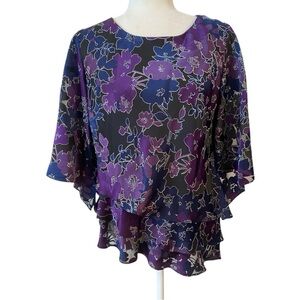 Alex Evening Womens Assymetrical Purple Floral Print Bell Sleeve Blouse